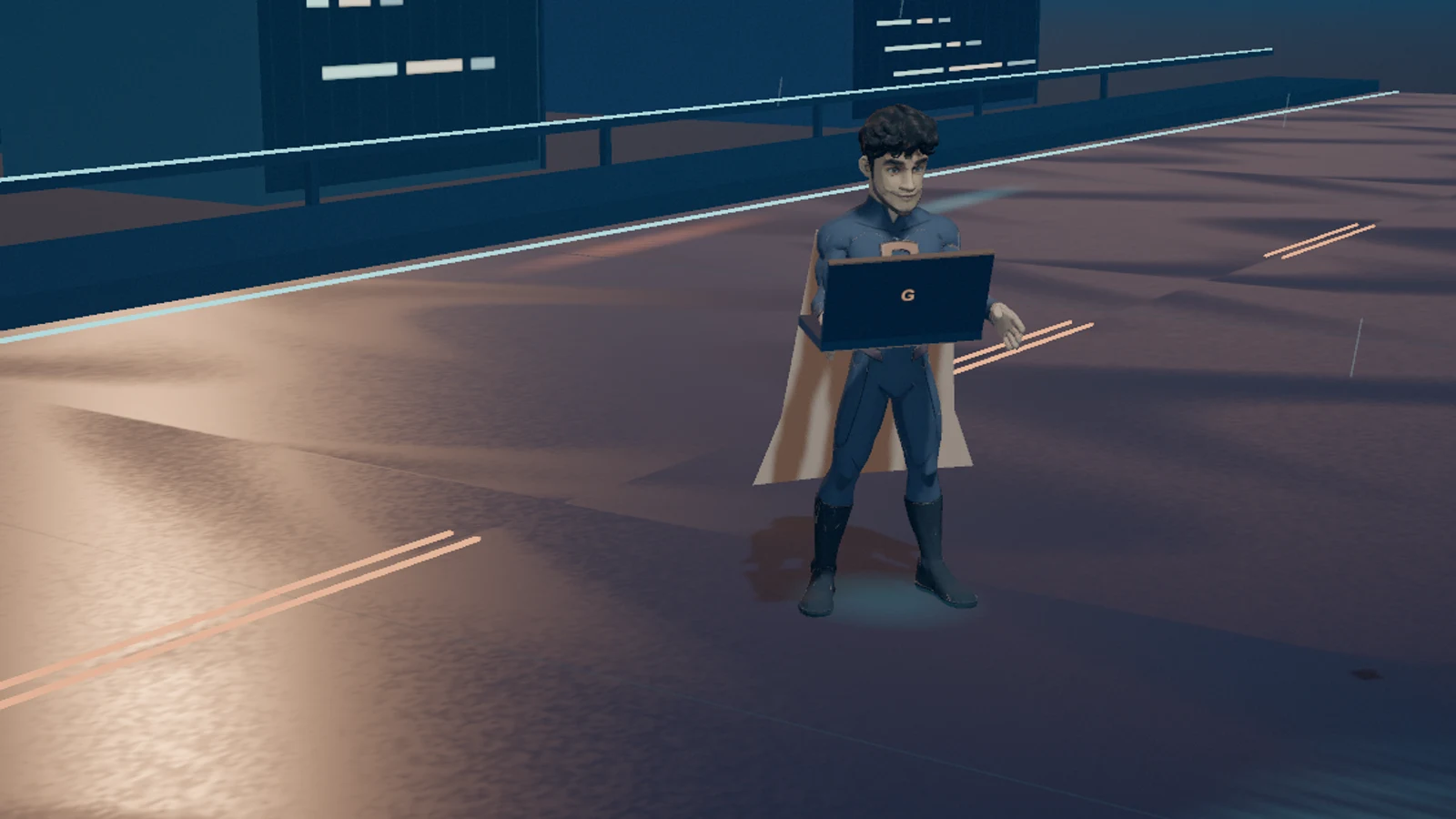 Evening preview of the Gloryck 3D world with its hero holding a laptop