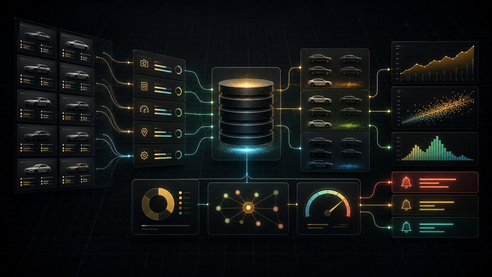 Abstract automotive data pipeline visualization with normalized records, market charts, scoring, and alerts.