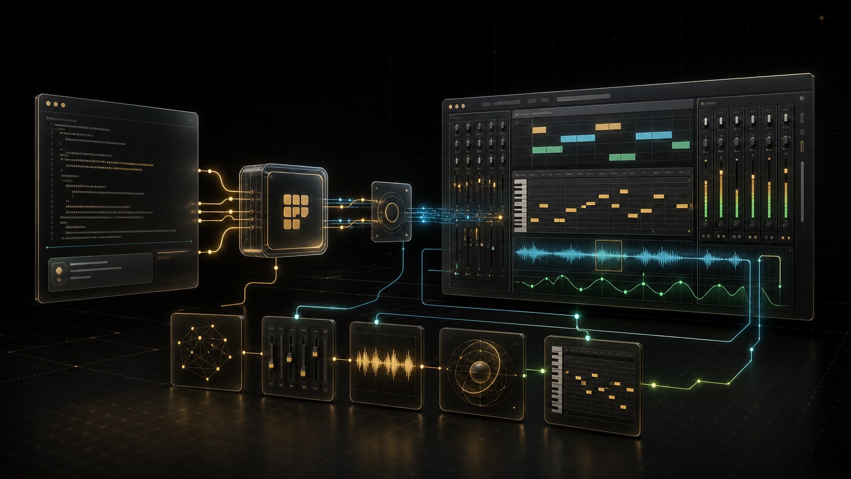 Abstract technical visualization of the fLMCP local control plane connecting an MCP host to a DAW, mixer, piano roll, waveform analysis, and automation layers.